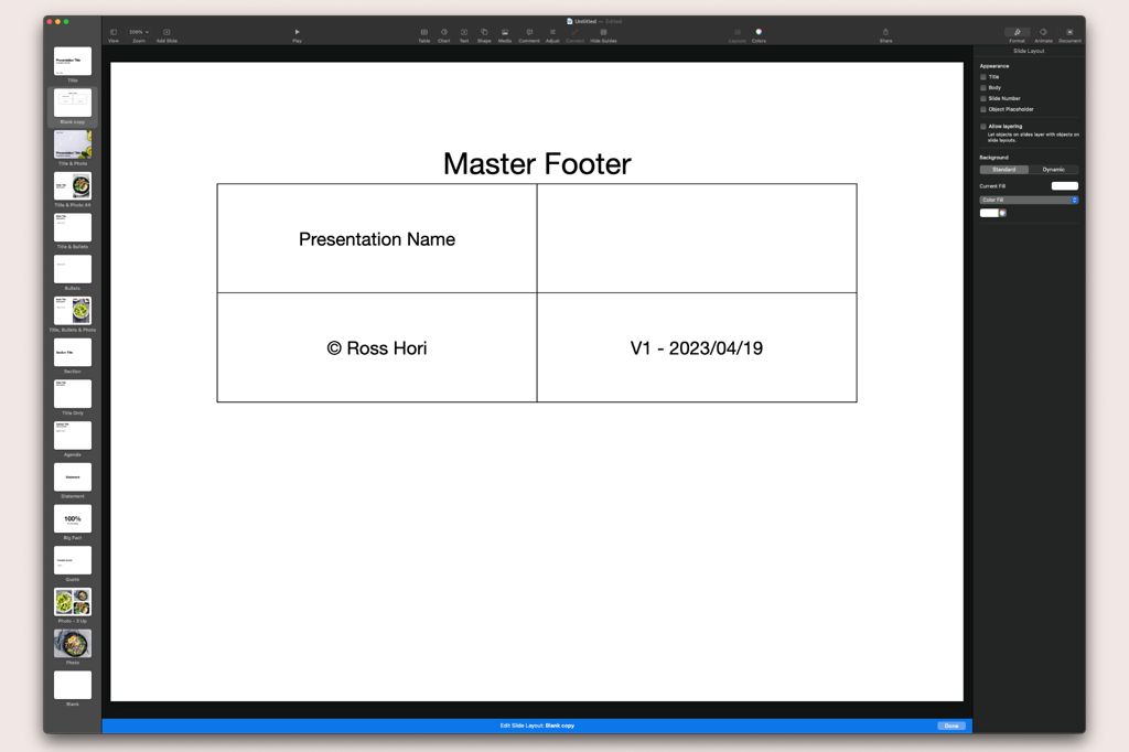 Screenshot of Apple Keynote slide being designed with a footer