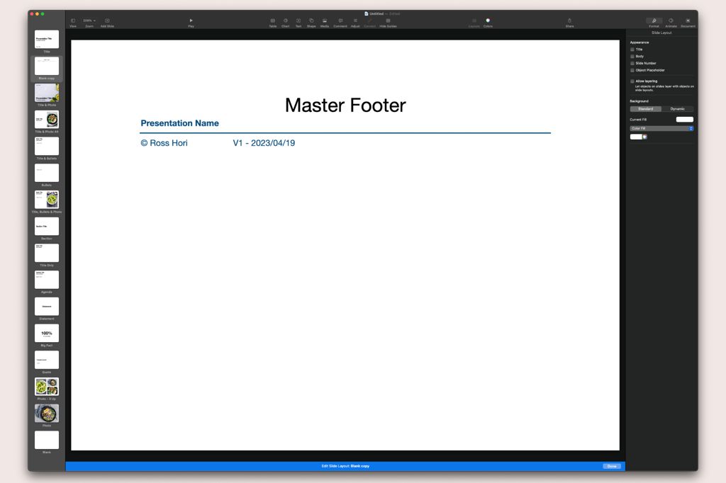 Screenshot of Apple Keynote with a master footer being designed.