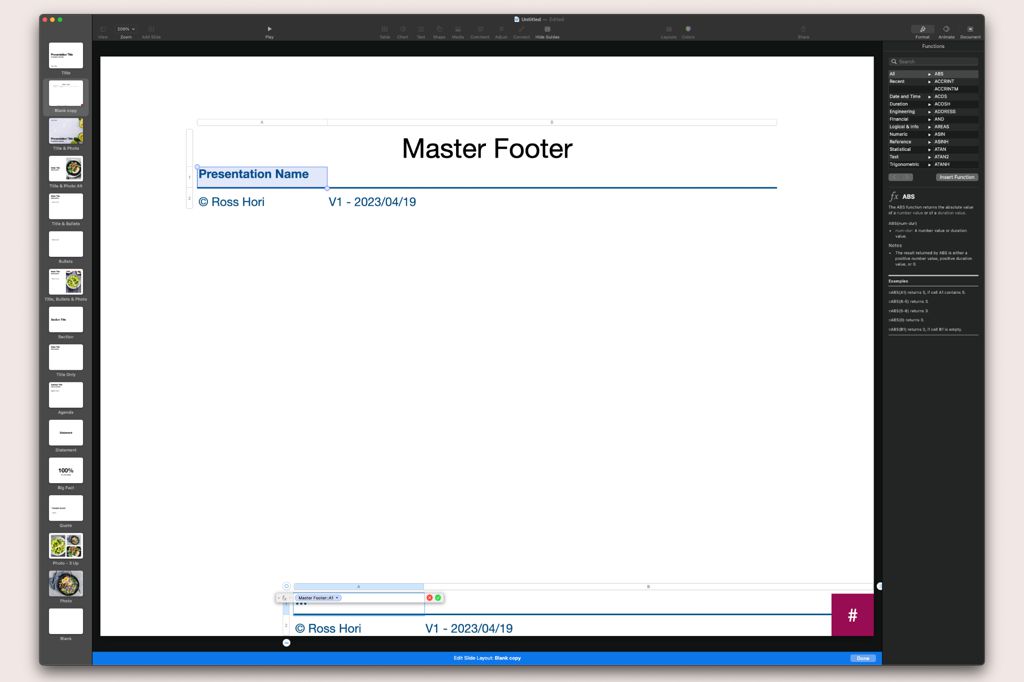 Screenshot of Apple Keynote slide designer with the master footer in its correct position
