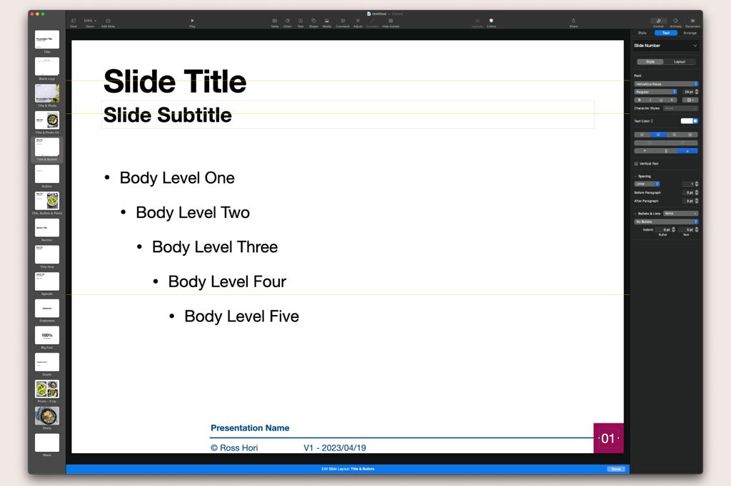 Screenshot of an Apple Keynote slide template with the master footer in place