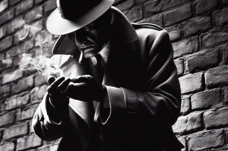 Black and white image of a gumshoe private eye lighting a cigarette in a Film Noir style