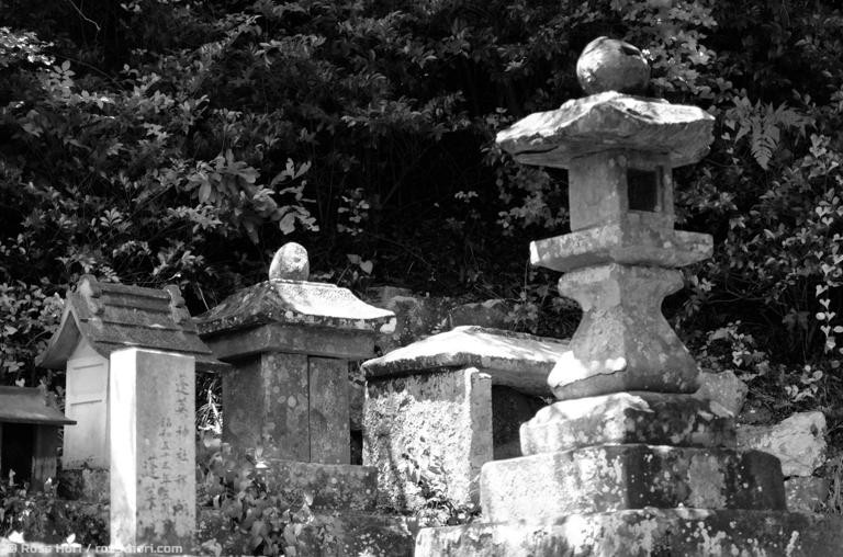 Black and white photograph of Buddhist and Shinto memorials nestled amongst a treeline